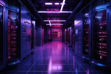 Working Data Center Full of Rack Servers and Supercomputers, Modern Telecommunications, Artificial Intelligence, Supercomputer Technology