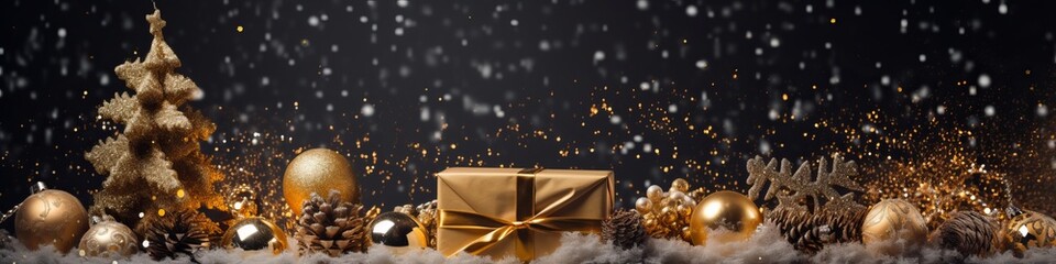 Obraz na płótnie Canvas Christmas background garland wreath golden decorate shiny balls and a bow on a present gift against an old wood background and defocused lights bokeh celebrate festive ideas,ai generate