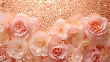 Rose pink glitter with gold sparkles background. Defocused abstract Christmas lights on background