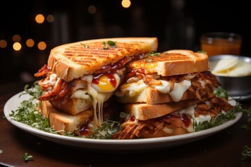 Grilled sandwiches with chicken and egg served with french fries