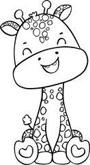 Cute baby giraffe doodle hand drawing outline, innocence and mischief safari animals