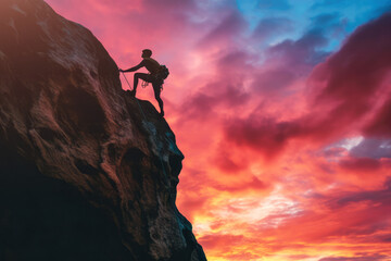 Athletic man climbs by rock with rope. Silhouette on a sunset background.