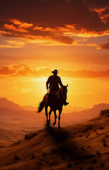 A cowboy rides a horse against the backdrop of a beautiful sunset.
