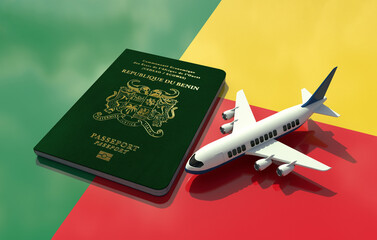Benin Passport with an airplane on flag 3D Illustration - Beninese