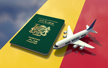 Chad Passport with an airplane on flag 3D Illustration - Chadian