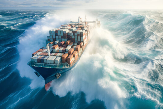 Amidst a raging storm, a resilient shipping vessel sails bravely through the vast expanse of the ocean, conquering the tumultuous waters with determination and strength.