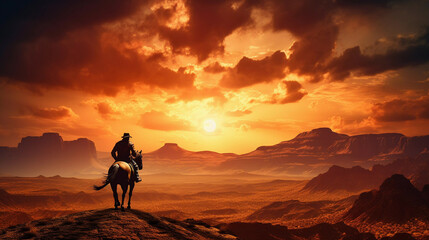 Obraz premium A cowboy rides a horse against the backdrop of a beautiful sunset.