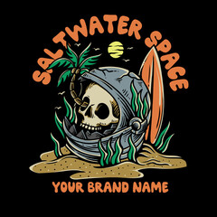Obraz premium skull head with astronaut helmet, surfing board, and palm tree, skull summer illustration, illustration for apparel