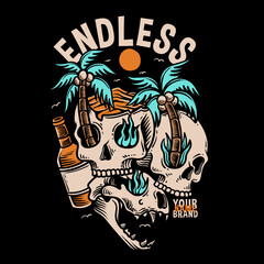 skull head illustration with beer bootle and palm trees, summer illustration design for apparel