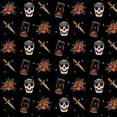 vintage skull pattern with oldschool rose, seamless pattern, skull pattern