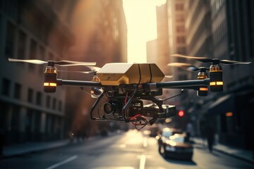 Delivery drone in warehouse. Futuristic technologies of the future