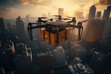 Fototapeta na wymiar Delivery drone in warehouse. Futuristic technologies of the future