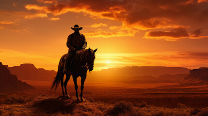A cowboy rides a horse against the backdrop of a beautiful sunset.