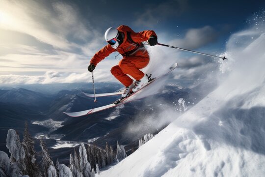 Skier jumping in the snow mountains on the slope with his ski and professional equipment on a sunny day