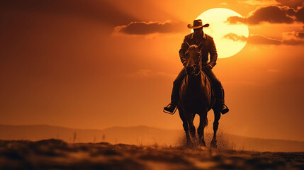 Fototapeta na wymiar A cowboy rides a horse against the backdrop of a beautiful sunset.