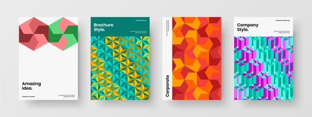 Trendy annual report design vector illustration composition. Clean geometric pattern brochure layout collection.