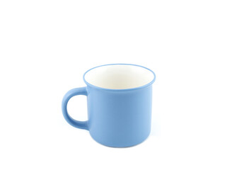 Empty blue mug for coffee or tea isolated on white background. Use for home or restaurant, food design. Concept kitchen utensils and tableware..