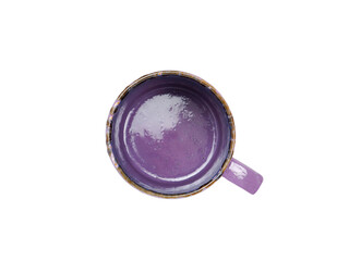 Empty purple mug isolated on white background. Use for home or restaurant, food design. Concept kitchen utensils and tableware. Top view, flat lay..