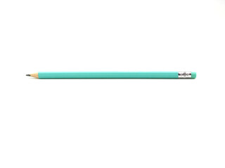 A pencil for writing or drawing green colour with an eraser isolated on a white background. Close up, with copy space for your text..