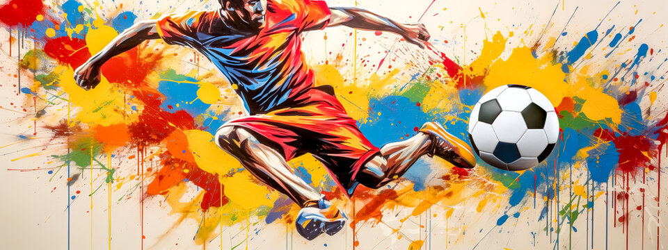 soccer sport, football player kicks the ball, art colorful banner made with Generative AI