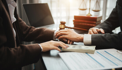 Judge gavel with scales of justice, Business and lawyer or counselor consulting and discussing...