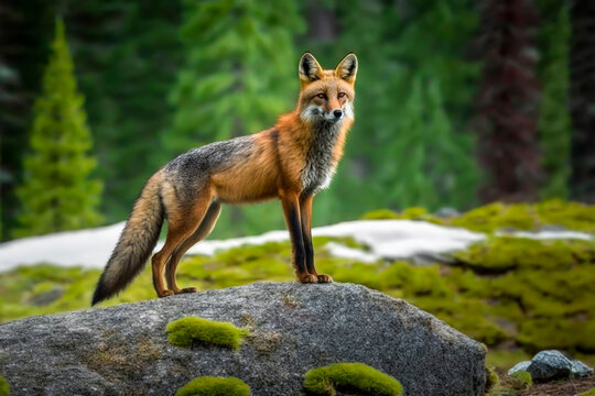 A beautiful shot of a wild red fox standing on a rock in the jungle.