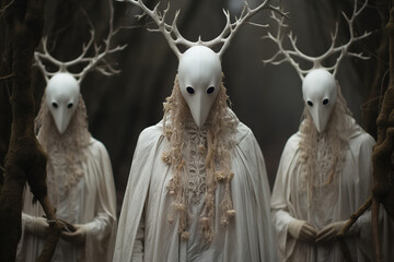 Mysticism, sacrament, ritual, esoteric concept. Mystical faceless sinister religious group of people cult in masks with horns and robes in the forest - obrazy, fototapety, plakaty