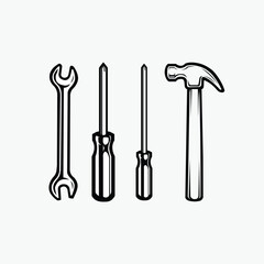 Mechanic Tools Vector, Set Wrench, Skrewdriver, Hammer, Vector Art, Icon, Graphic Isolated