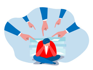 bullying at work or Toxic work concept. businessman man get bullying in his office him fear of failure and responsibility, giant boss hands pointing and blaming at depressed employee.vector illustrato