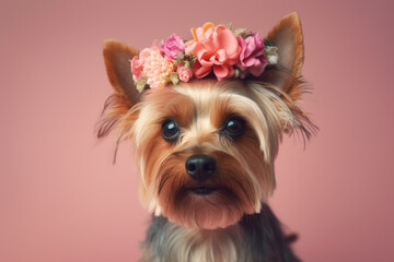 Yorkshire Terrier dog with flower crown on head on pastel background