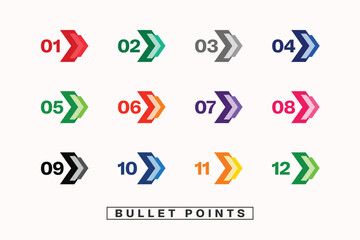 vector arrow design directional bullet points numbers from one to twelve  - obrazy, fototapety, plakaty