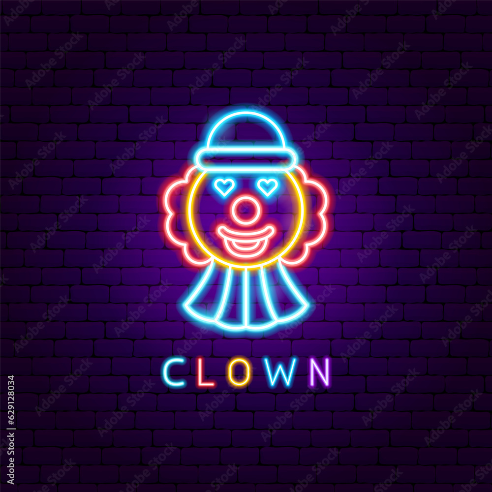 Poster clown neon label. vector illustration of entertainment festival glowing symbol.