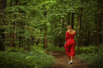 freedom girl spring forest, nature beautiful female in the park