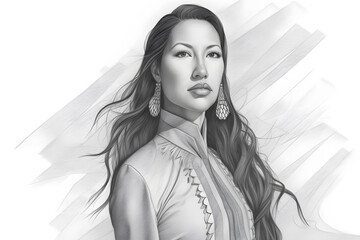 A poised and confident Native American businesswoman, projecting leadership and strength. Hand drawn pencil illustration. Generative AI