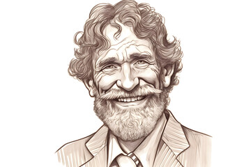 A wise and distinguished Caucasian businessman, with a salt-and-pepper beard and a warm, approachable smile. Hand drawn pencil illustration. Generative AI