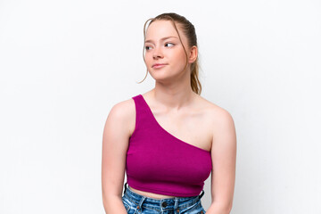 Young caucasian girl isolated on white background looking to the side