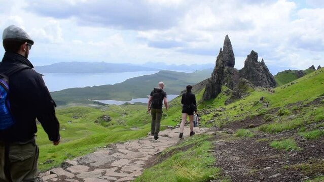 Hikers on the Old Man Of Storr trail, Isle of Skye, Scotland