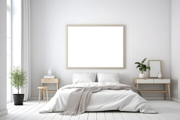Contemporary bedroom with a spacious white wall and an empty frame mockup, inviting creativity and customization. Generative AI