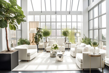Light-filled conservatory with floor-to-ceiling windows, indoor plants, and minimalist seating. Generative AI