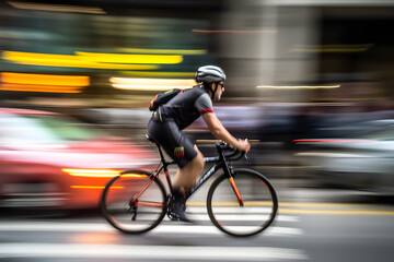 Fototapeta premium Motion blur image of a city cyclist speeding through traffic, creating a sense of urban energy and transportation. Generative AI