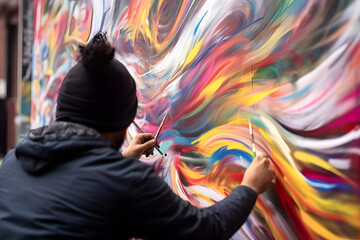 Fototapeta premium Motion blur image of a street artist painting a mural with dynamic strokes, capturing the movement and creativity in the act of creating art. Generative AI