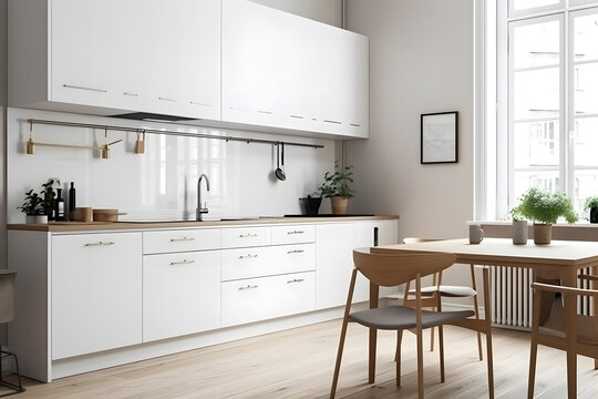 Contemporary kitchen with a minimalist white wall and an empty frame mockup, providing a space for unique artwork or inspirational quotes. Generative AI