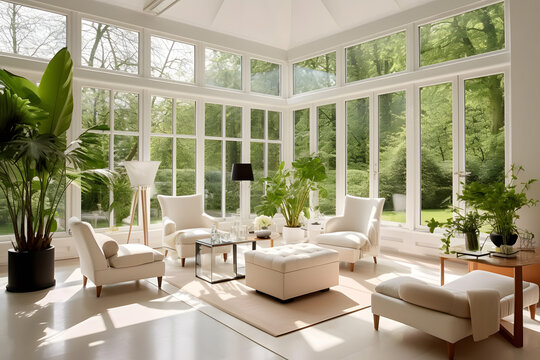 Light-filled conservatory with floor-to-ceiling windows, indoor plants, and minimalist seating. Generative AI