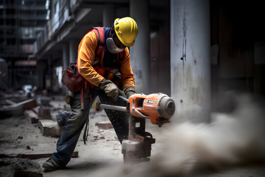 Motion blur image of a construction worker operating a jackhammer, showcasing the physicality and intensity of their labor. Generative AI