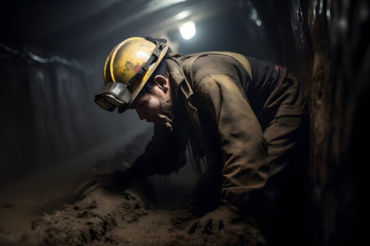 Motion blur image of a miner working underground, capturing the intense and physically demanding nature of mining operations. Generative AI