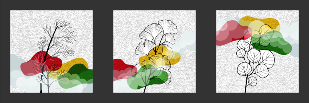 Ensemble de 3 images (triptyque) formant un seul et m&ecirc;me tableau artistique compos&eacute; de 3 plantes : Bambou, Ginkgo et Eucalyptus.