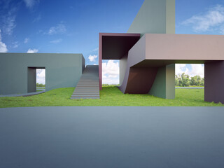 Geometric shapes structure with gray concrete floor on green grass lawn. Abstract architecture design 3d illustration.