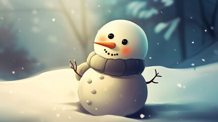 Happy snowman in a knitted scarf, standing in the snow, blue blurred background