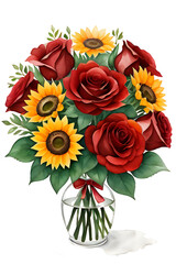 bouquet of flowers red roses and sunflowers