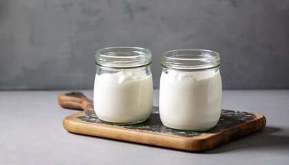 Two jars of natural yogurt and on a gray background. The concept of a healthy meal.